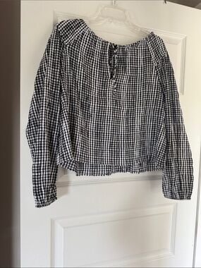 J. Crew Black & White Gingham Peasant Blouse with Front Tie